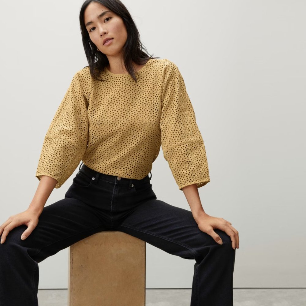 Everlane Eyelet Lantern Blouse in Mustard yellow